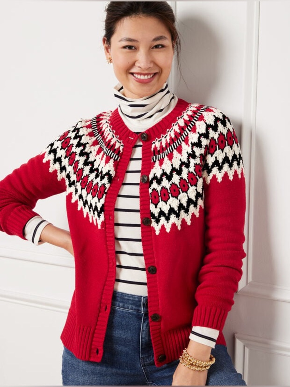 Talbots Joyous Fair Isle Crewneck Cardigan Sweater Size Small Red Cotton NWT